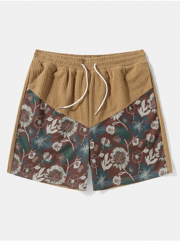 Mens Floral Print Patchwork Corduroy Loose Drawstring Shorts