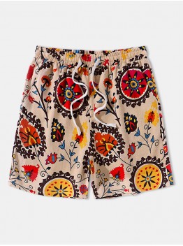 Mens Floral Totem Print Casual Drawstring Waist Shorts