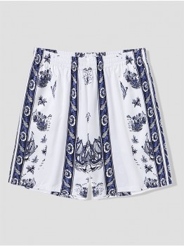 Mens Plant Print Loose Elastic Waist Shorts With Pocket