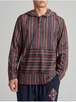 Mens Ethnic Striped Printed Half Buttons Hooded Sweatshirts