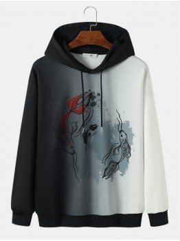 Mens Fish Spray Printed Long Sleeve Hooded Sweatshirts