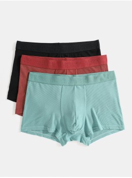 Mens Thin Ice Silk Breathable Woven Elastic Mid Waist 3Pcs Solid Color Boxers