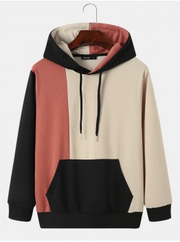 Mens Contrast Patchwork Kangaroo Pocket Preppy Drawstring Hoodies