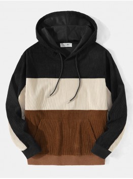 Mens Colorblock Quarter Corduroy Kangaroo Pocket Long Sleeve Hoodies