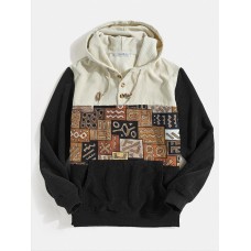 Mens Corduroy Ethnic Printed Buttons Hooded Casual Sweatshirts