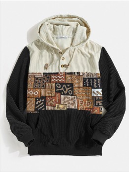 Mens Corduroy Ethnic Printed Buttons Hooded Casual Sweatshirts