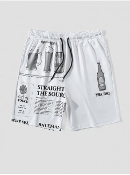 Mens Beers Newspaper Print Loose Drawstring Shorts With Pocket