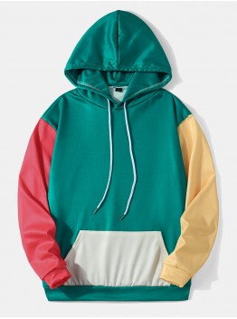 Mens Patchwork Kangaroo Pocket Preppy Overhead Drawstring Hoodies